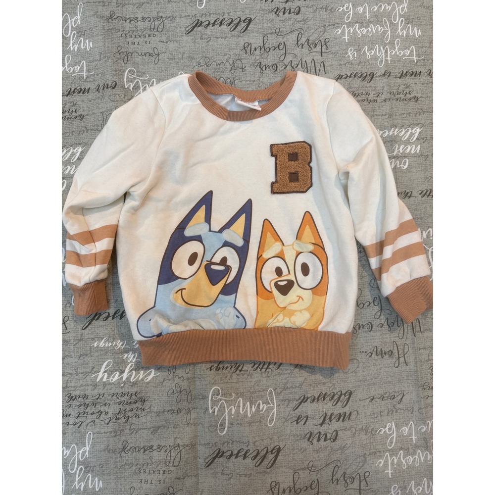 Bluey Bingo Graphic Sweatshirt Kids 5T White Tan Varsity Chenille Patch Pullover